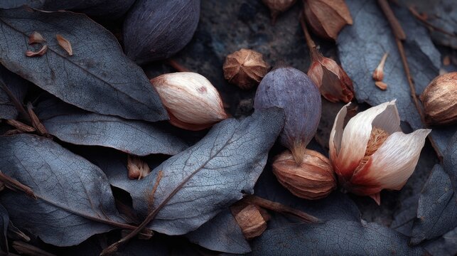 Scattered cracked seed pods and fallen gray leaves on dark ground, autumn season, close-up of forest floor detail, realistic high-quality design stock