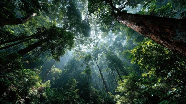 Sunlight filters through dense green canopy in a lush forest, illuminating a small path during the daytime in the Pacific Northwest
