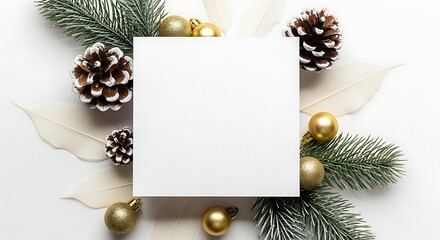 Blank white card surrounded by festive christmas decorations and pine cones on a white background