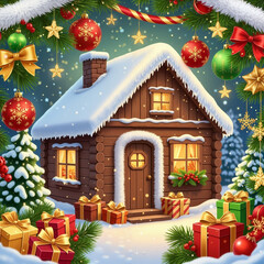 Cozy wooden cabin decorated for Christmas with snow and gifts  