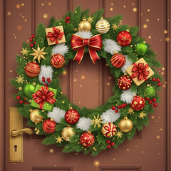 Festive Christmas wreath with ornaments and ribbons on a door  