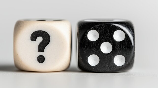 Unique question mark die and classic six-sided die on a plain surface - Powered by Adobe