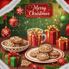 Christmas cookies and gifts arranged on wooden table with decoration  