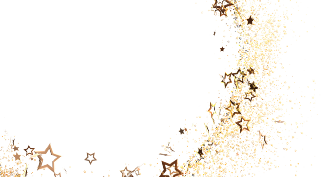 Elegant golden star confetti border on a white background perfect for celebrations, New Year, Christmas, party, and festive designs. Great for i