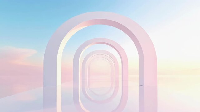 淡い光に包まれたアーチの中を進むミニマルな映像｜Minimal Journey Through Softly Lit Arches