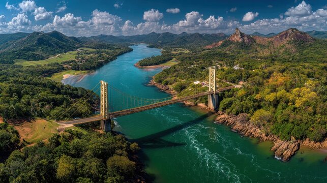 Newton Navarro Bridge over the Potengi River in Natal, Brazil, offering a scenic view with lush green landscapes and a vibrant blue sky