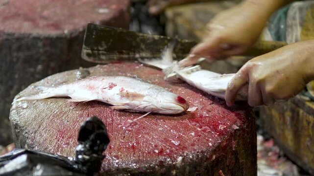Close-up of worker slicing and preparing fresh fish with large knife on wet market chopping block.