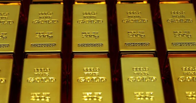 Shiny gold ingots arranged in straight rows as wealth and abundance symbol of bank. Precious metals value in investment provides financial security