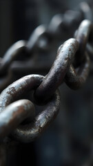 Fototapeta premium Close-up view of a weathered metal chain, showcasing its links and texture, with a shallow depth of field.