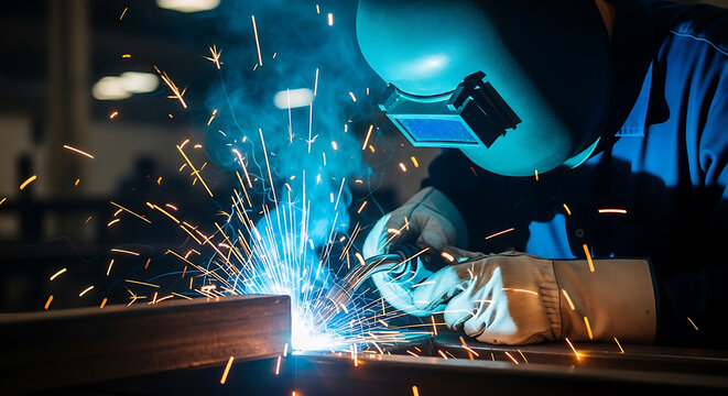Welder wearing protective gear welding metal with sparks flying in workshop