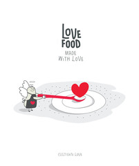 Vector cartoon sketch of Angel who makes food with love. Concept of assistance, care, philanthropy and support. Giving and sharing love, donating.Self-Love, Mental Health and positive Psychotherapy.