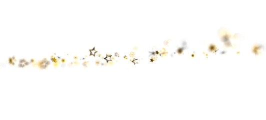 An abstract background with a trail of golden stars and particles creating a festive bokeh effect against a clean white backdrop. Perfect for va