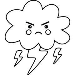 Line art drawing of an angry cloud with lightning bolts on a transparent background