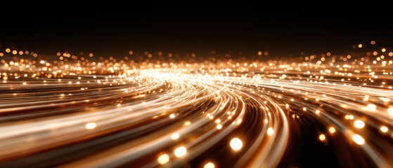 Abstract Christmas light trail at night, motion blur of warm white and gold lights, dark background with central glow, modern holiday background for ads