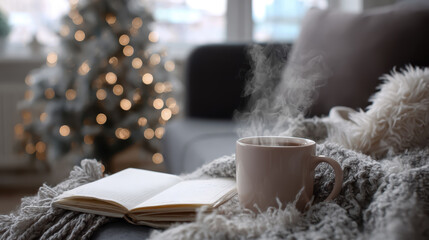 Winter morning routine: steaming mug, journal, soft blanket on armchair, distant soft-focus tree with lights, calm and peaceful stock mood