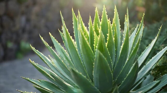 A vibrant, healthy succulent plant, likely a type of agave or aloe, showcases its robust, spiky green leaves in a detailed close-up shot with a subtle camera movement. Natural sunlight bathes the foli