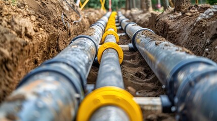 Underground pipes installed in a trench. The pipes are black with yellow fittings, surrounded by soil and greenery. The scene represents construction and infrastructure work.
