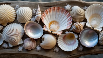 Seashells and Salt Crystals on Driftwood