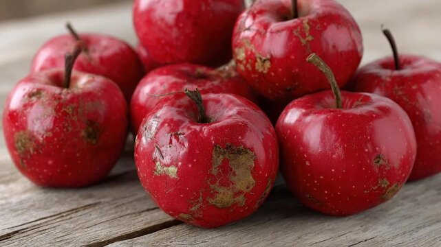 A vibrant pile of red apples rests on a rustic wooden table, showcasing their natural, unpolished beauty. The apples feature rich hues and unique textures, highlighting their wholesome and organic app