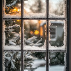 Snowy window pane with frost and winter evening light outside  