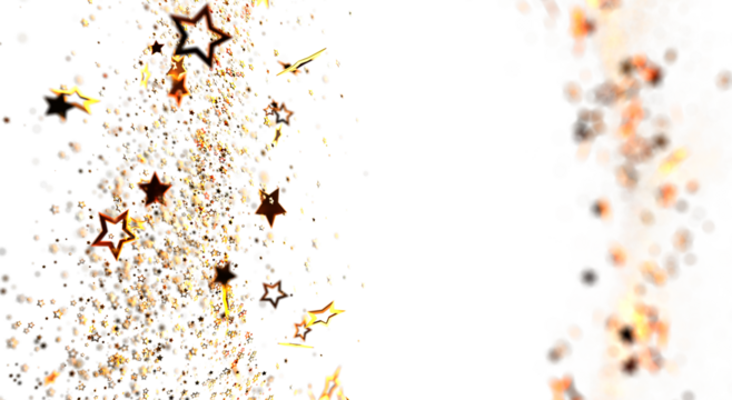 Festive background of abstract gold stars and particles on a white backdrop. Perfect for holiday, celebration, birthday, or New Year designs.