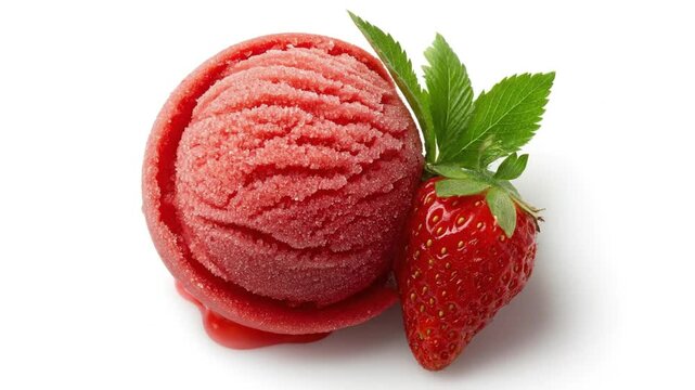 A vibrant scoop of refreshing red frozen dessert, possibly a fruit sorbet or sherbet, is beautifully presented alongside a fresh, ripe strawberry with its green leaves, all against a clean white backg