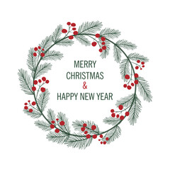 vector wreath with the words Merry Christmas,  with branches, red berries and leaves. 