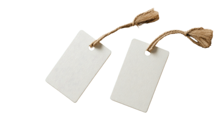 Two blank rectangular tags with jute string tassels