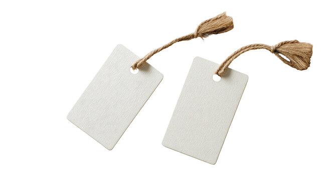 Two blank rectangular tags with jute string tassels