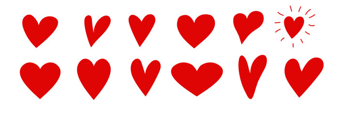 Red heart doodles set. Hand drawn hearts icon collection. Various different hand drawn heart icon love collection isolated on transparent background. Romance and love illustrations