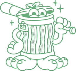 Retro cartoon trash can character with baseball bat — vintage halftone comic style illustration of funny garbage bin mascot with cool attitude
