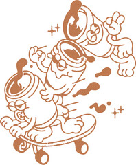 Cool cartoon soda cans riding a skateboard in a fun retro vintage illustration with energetic motion and playful street art vibes perfect for apparel and sticker design
