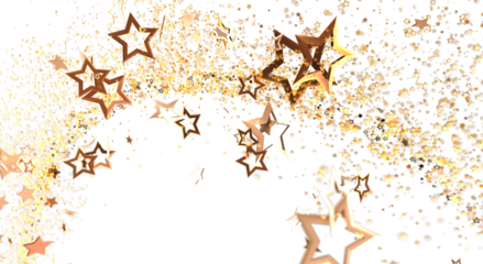 Abstract golden starburst background with falling stars and confetti against a white backdrop. Perfect for celebrations, holidays, and festive e