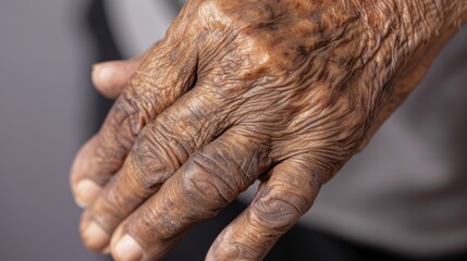 Close-up of wrinkled dark-skinned elderly hands with visible veins and age spots, resting together on a blurred background.