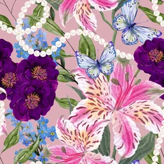 Gardinen Blumenmuster Watercolor garden flower bouquet, blooming tree, Chinoiserie illustration and Butterfly with pearl elegant  © HoyaBouquet