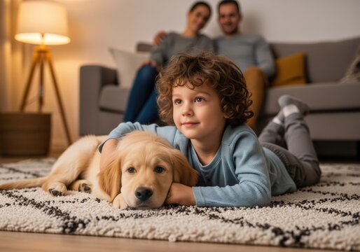 Young boy and golden retriever puppy enjoying quality time at home