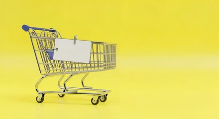 Colorful Shopping Cart on Yellow Background for Retail and E-commerce Displays