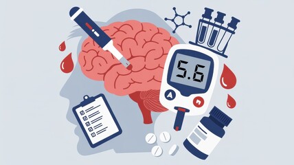 Illustration showing blood glucose meter brain clipboard and medication for diabetes management