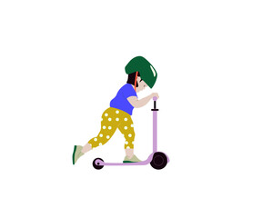 Active kid riding walk scooter. Character driving eco urban transport. Colored flat vector illustration isolated on white background.