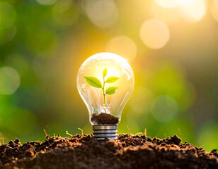 Plant growing inside a light bulb, eco sustainability concept, green energy idea