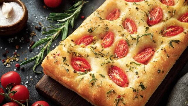 A visually appealing overhead shot showcases a golden-brown, freshly baked artisanal bread, generously adorned with vibrant red cherry tomatoes and aromatic green herbs. The bread's dimpled surface an