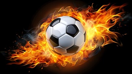 Soccer ball engulfed in vibrant flames and smoke against a dark background