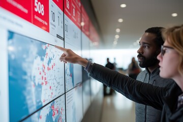 Two data analysts examine a large interactive screen wall displaying global statistics and maps, engaging in analysis and strategic planning in a modern, high-tech environment