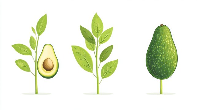 101.A clean, visually appealing vector illustration of an avocado plantâ€™s growth stages, showing the seed, early sprout, and mature plant with a full canopy of leaves, neatly displayed on a white