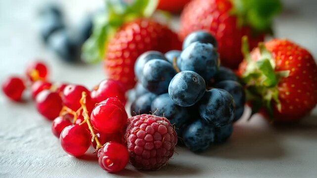 Different ripe berries on light grey textured table, closeup, under soft natural light highlighting freshness and color, serene culinary scene, calm table lighting, with copy space