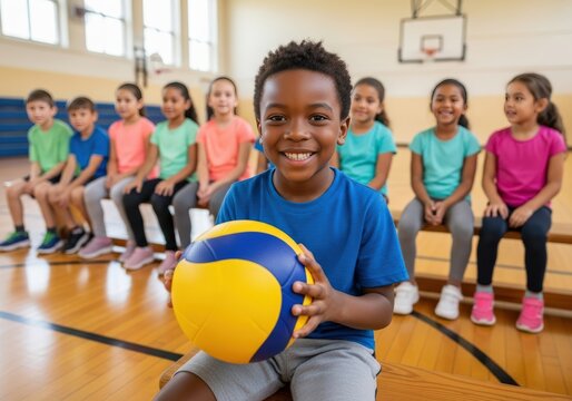Smiling boy holding a volleyball with friends in a school gymnasium - Powered by Adobe