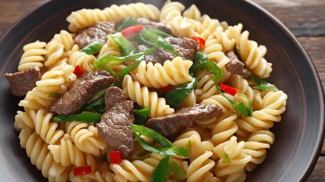 A visually appetizing and steaming hot pasta dish features tender, spiral fusilli noodles generously mixed with succulent pieces of savory meat and vibrant, fresh green vegetables, accented with brigh