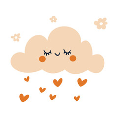 A cute cloud with a smile and closed eyes, daisies, and rain falling from a heart. Flat vector illustration. . Vector illustration
