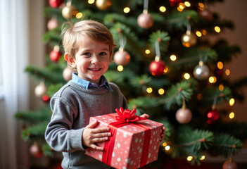 Happy smiling child hold Christmas gift box in hands