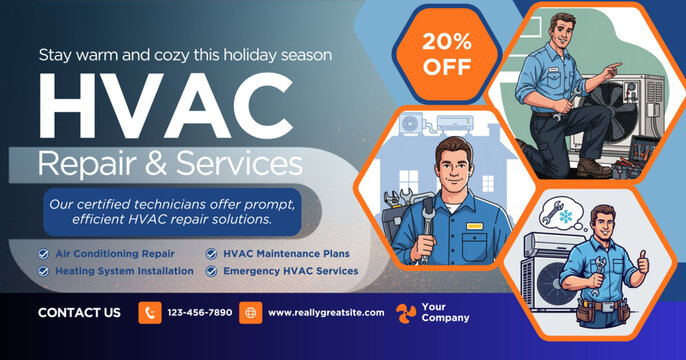 HVAC Repair and Services Advertisement with 20% Off Offer and Contact Information.